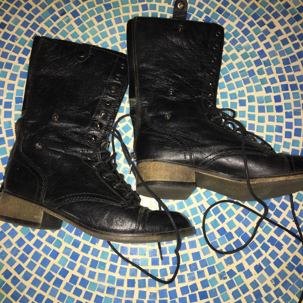 Steve Madden Black Leather Foldover Combat Boots